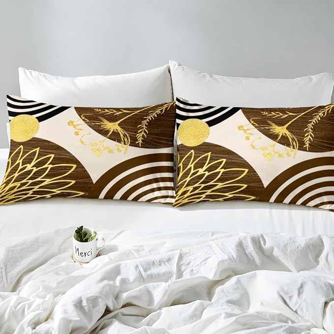 Erosebridal Boho Mid Century Queen Comforter Cover for Women Men Adults | Minimalist Modern Duvet Cover Brown and Beige Geometric Bed Set Aesthetic Modern Abstract Bedding Set