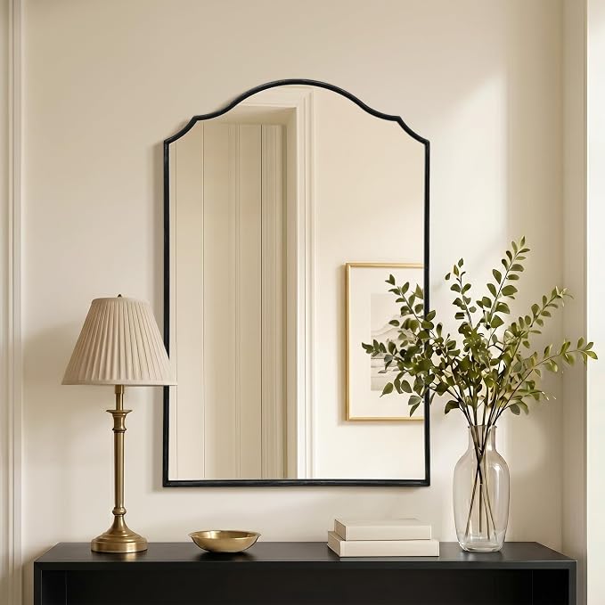 Besdomus Scalloped Black Mirror for Bathroom: 24"x36" Minimalist Modern Arched Mirror - Wooden Frame Wall for Vanity/Bedroom/Mantle/Entryway/Fireplace/Hallway - Idea for Housewife