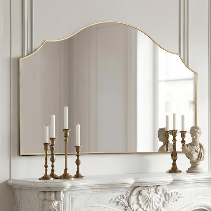Besdomus Large Scalloped Gold Mirror: 47"x31" Modern Minimalist Wood Frame Wall Mirror - Decorative Vanity Arched for Bathroom/Dresser/Entryway/Fireplace/Living Room - Stylish Home Decor