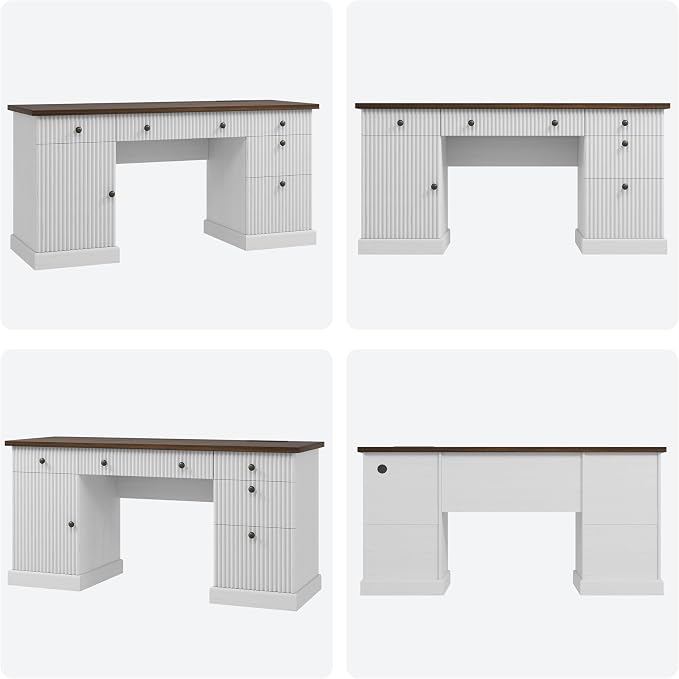 Garvee 60" Office Desk with Storage Cabinet & Drawers. Fluted Wood Computer Desk with Power Outlet & Adjustable Shelves.Modern Executive Desk for Home Office/Bedroom/Gaming-White
