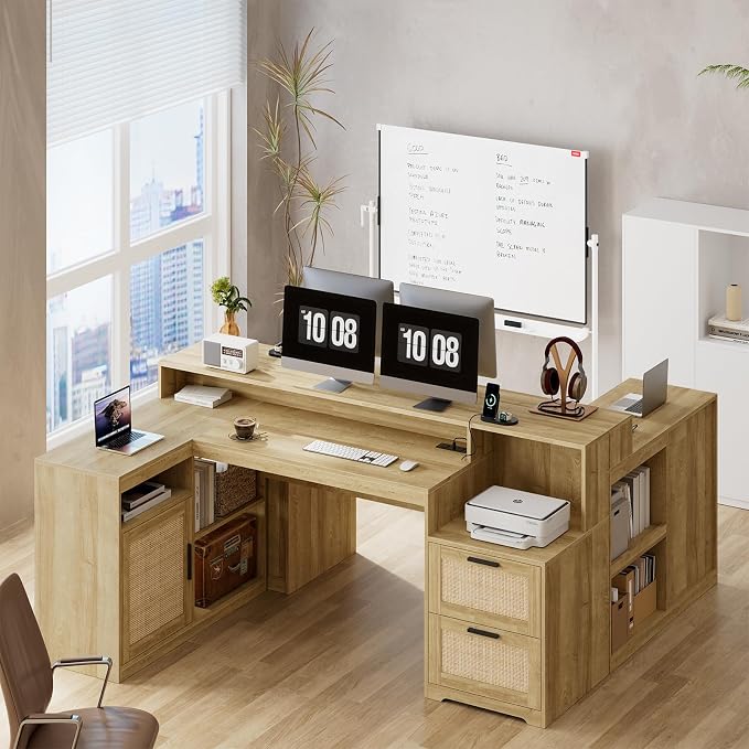 TVU Farmhouse L Shaped Desk with Drawers, 62.2" Home Office Desk with Storage Shelves and Power Outlet, L Shaped Computer Desk with Monitor Stand and Printer Shelf, Oak/Rattan