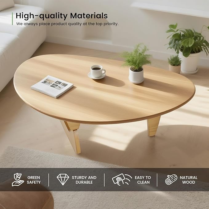 Modern Triangle Coffee Table: Unique Funky Soild Wood Coffee Tables for Living Room, Wooden Oval Mid-Century Modern Abstract Tea Tables for Patio Office Balcony (Natural, 50" Lx31 Wx16 H)