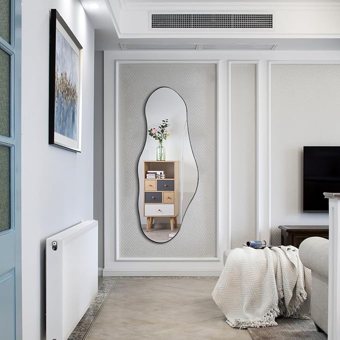 Large Irregular Wall Mirror, 55"x22" Asymmetrical Decorative Mirror with Black Metal Frame, Organic Shaped Mirrors for Entryway Bedroom Hallway Living Room, Horizontal/Vertical Hanging