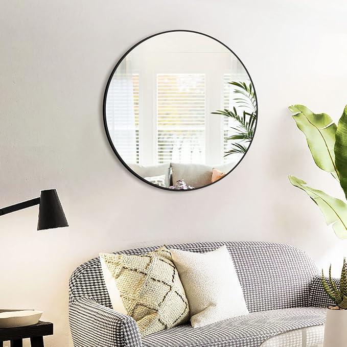 HARRITPURE Round Mirror 15.7" Black Wall Mounted Circle Mirror with Aluminum Alloy Frame Modern Design for Bathroom, Living Room, Vanity, Bedroom, Entryway