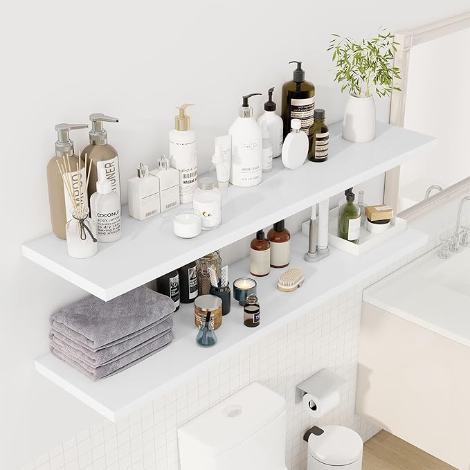 Dreamland 55" Floating Shelves for Wall, 12" Deep Slim White Floating Shelves, Wall-Mounted Shelves for Bedroom, Living Room, Kitchen, Bathroom - Set of 2