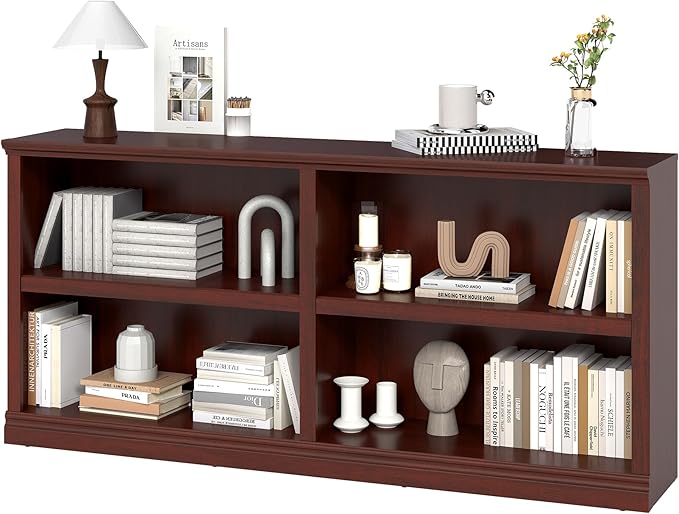 Double Wide Open Shelf Bookcase - 2 Tiers 4 Storage Cube Adjustable Space Book Case, Display Cabinet Organizer with Bookshelf, 64.8 inch Width Indoor Furniture for Home Library Office, Mahogany