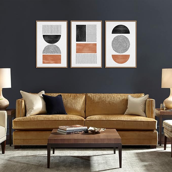Framed Wall Art Canvas Set Mid Century Boho Pictures Modern Geometric Wall Decor Minimalist Black Brown Bohemian Abstract Painting Artwork for Living Room Bedroom Office 16"x24"x3 Natural