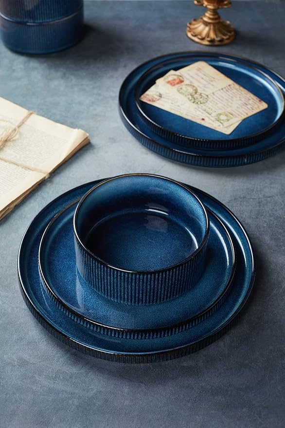 famiware Star Plates and Bowls Sets, Modern Stoneware Dinnerware Sets for 8, 24-Piece Kitchen Dish Set - Microwave and Dishwasher Safe, Chip and Scratch Resistant, Nebulas Blue