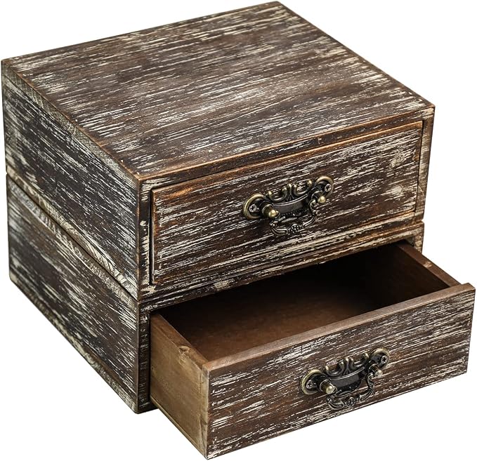 OKSQW Office Desk Organizer Drawers Dark Brown Vintage 2pcs/set Small Wood Desktop Storage Box Farmhouse Kitchen Countertop Organizer Makeup Storage Box for Workspace Home Toiletries Supplies Vanity