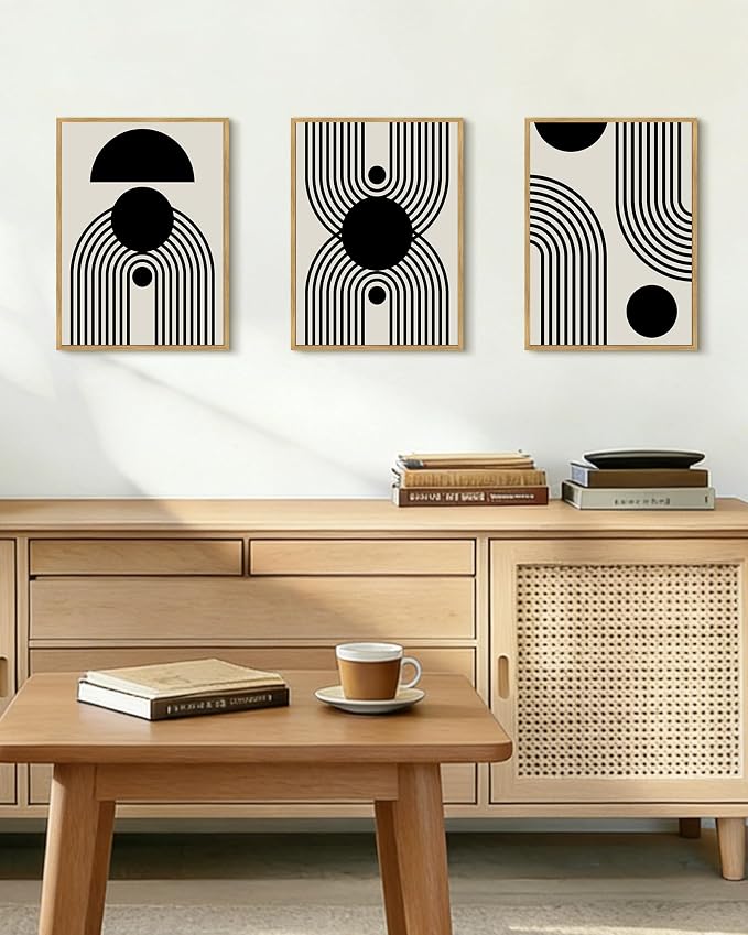 Drsoum Black Abstract Boho Wall Art Framed Modern Bohemian Wall Decor Geometry Lines Prints Ready to Hang 11x14in Natural Framed