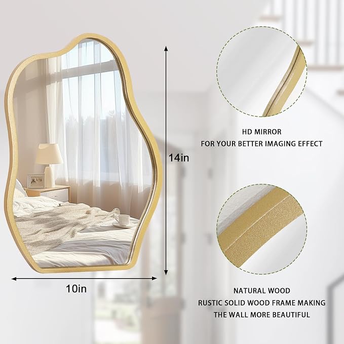 Gold Mirror for Wall Decor Small Asymmetrical Modern Wooden Framed Hanging Wall Mirror Unique Shape Wall Mounted Vanity Artistic Mirror Decorative for Living Room Bedroom Bathroom Entryway