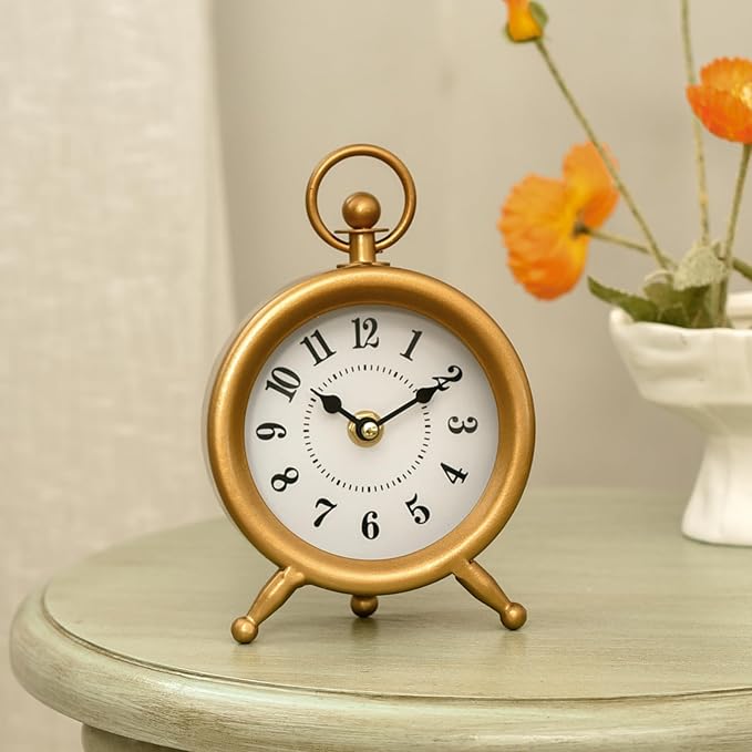 EMAX HOME Small Gold Desk and Shelf Clock, 4.7*7.3 Inch Retro Elegant Tabletop Clock with Glass Cover, Silent Non-Ticking Battery Operated Decorative Clock for Living Room, Office, Bedroom, Gift Idea