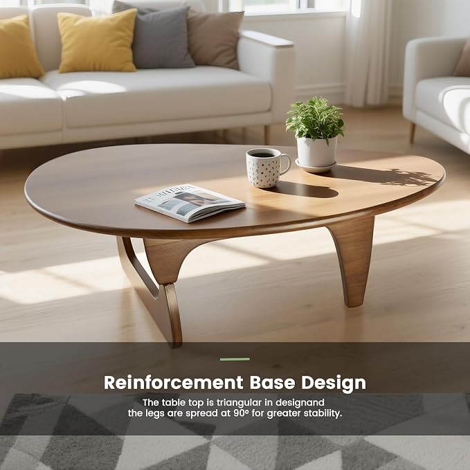 Modern Triangle Coffee Table: Unique Funky Soild Wood Coffee Tables for Living Room, Wooden Oval Mid-Century Modern Abstract Tea Tables for Patio Office Balcony (Walnut, 33" L x 22" W x 16" H)