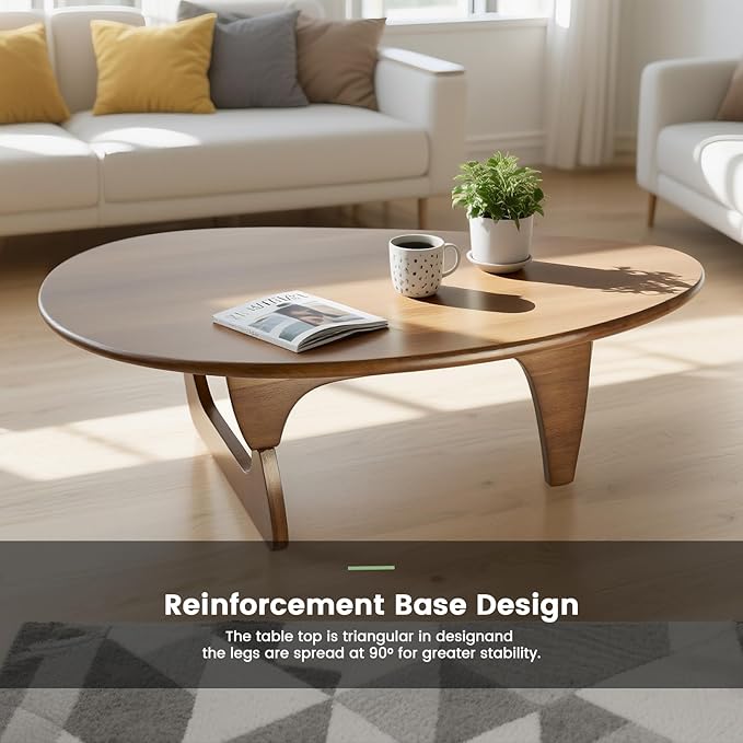 Solid Wooden Modern Triangle Coffee Table: Unique Funky Coffee Tables for Living Room, Oval Mid-Century Irregular Abstract Tea Tables for Patio Office Balcony Bedroom (Walnut, 35" L x 24" W x 16" H)