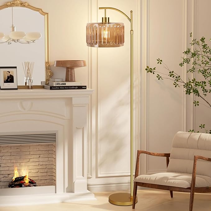 QIYIZM Floor Lamp for Living Room,Bedroom,Gold Dimmable Standing Lamp with Remote,Mid Century Modern Brass Tall Lamp Retro Vintage Glass Lamp Floor Light Boho Bohemian