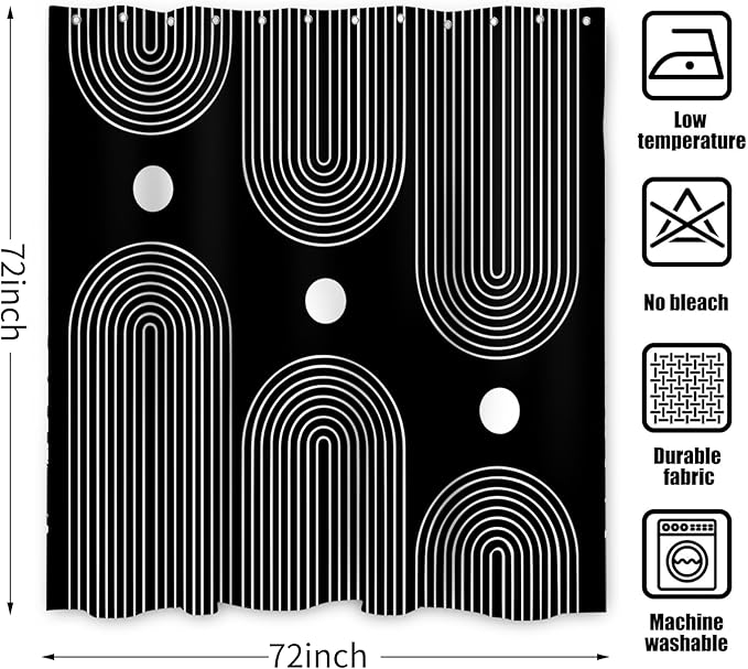 Black and White Shower Curtain, Boho Minimalist Mid Century Modern Arch Geometric Machine Washable Waterproof Fabric for Bathroom Bathtub Decor with Hooks 72x72