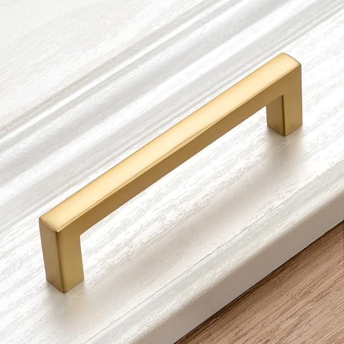 KOOFIZO Solid Square Bar Cabinet Handle - Brushed Gold Furniture Pull, 3 Inch/76mm Screwhole Distance, 10-Pack for Kitchen Cupboard Door, Bedroom Dresser Drawer, Bathroom Wardrobe Hardware
