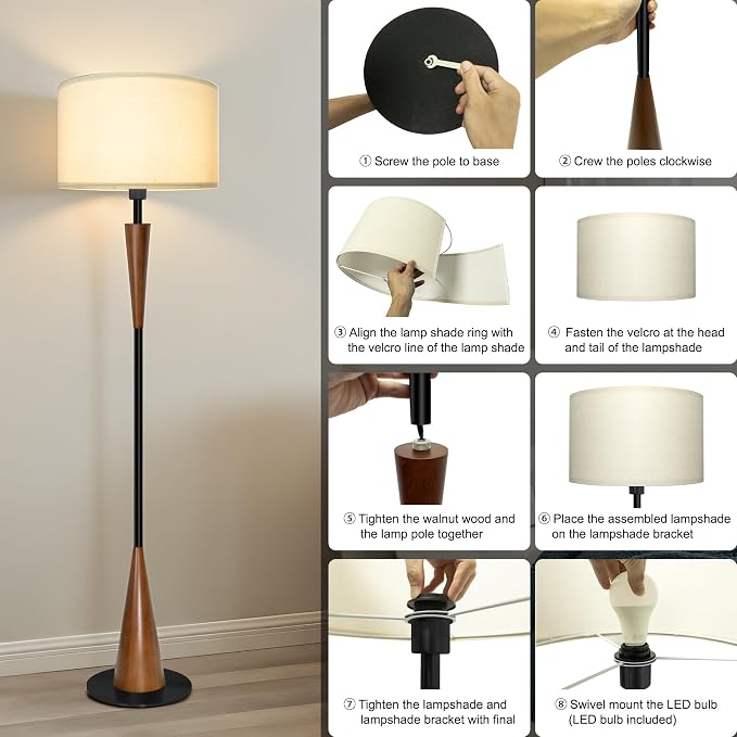 Floor Lamps for Living Room,61.5" Wood Floor Lamp,Retro Farmhouse Standing Lamp Includes 9W Bulb with 3-Color Temperature,Tall Lamp for Bedroom,Dining Room,Living Room,Corner,Brown