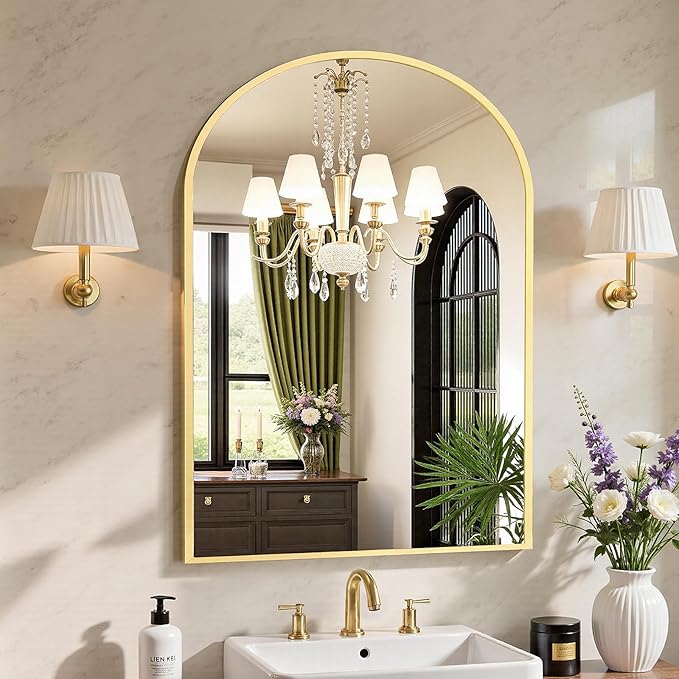 NEWBULIG 38X30 Inch Arched Bathroom Mirror for Wall, Vanity Bathroom Mirrors for Over Sink Tempered Glass, Anti-Rust Arched Metal Framed, Hangs Horizontally or Vertically, Farmhouse Home Decor, Gold