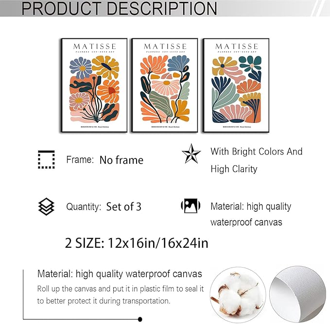 BingruiArt Matisse Wall Art Canvas Colorful Boho Flower Poster Abstract Pictures Set of 3 Minimalist Plant Leaves Painting Prints Decor Aesthetic for Living Room Bedroom Dorm 12"x16" Unframed