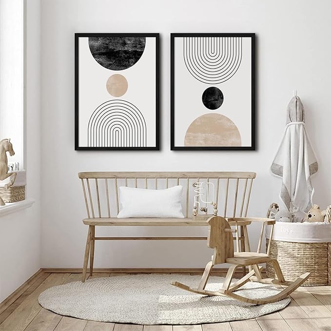 Mid Century Modern Wall Art Prints Set of 2 Neutral Abstract Geometric Wall Art Boho Canvas Prints Mid Century Eoind Wall Decor Modern Abstract Pictures Artwork for Home Room 16x24 Inch Black Framed