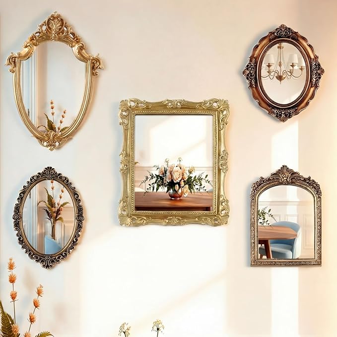 Wonderjune 5 Pcs Vintage Gold Mirror Set for Wall Decorative Resin Frame Ornate Antique Hanging and Tabletop Mirror for Home Dresser Gallery Decor Photography Props Gift (Ornate Style)