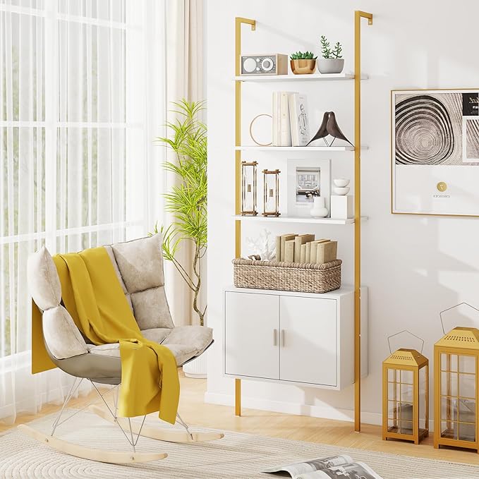 Giantex 5-Tier Wall-Mounted Ladder Shelves Set of 2, 72.5" Tall Bookshelf w/ 2-Door Cabinet, Modern Style Kitchen Open Shelving Organizer, Heavy-Duty Metal Frame Display Rack for Living Room