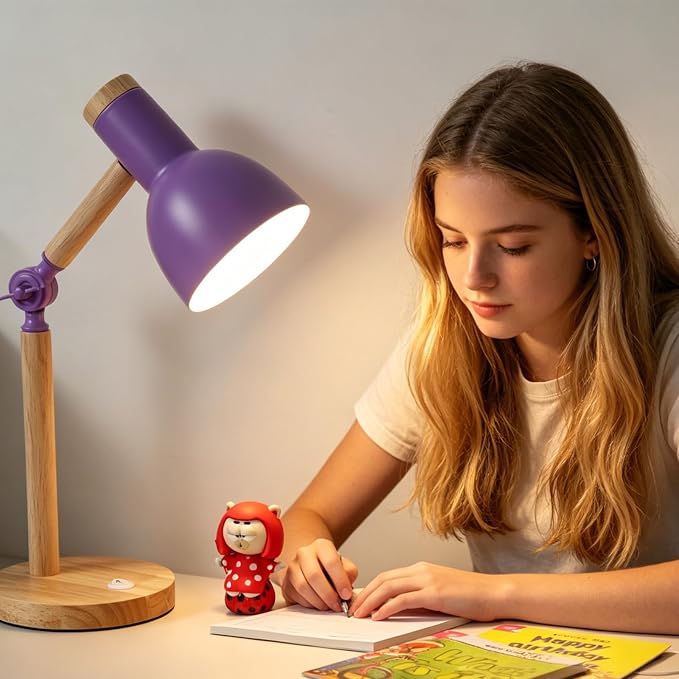 Table Lamp,Small Wood Desk Light, Tri-Color 5W Wooden Desk Lamp,Dorm Lamp,Eye Protection Desk Lamp,Metal Shade Suitable for Living Room, Bedroom,Students' Dormitory and Study Room (Purple)
