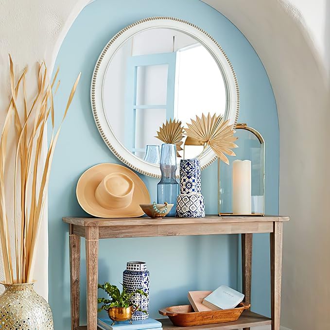 sawsile Round Wood Mirror,28 inch Circle Rustic Farmhouse White Wooden Frame Boho Beads Wall Mirror for Bathroom,Living Room,Bedroom or Entryway