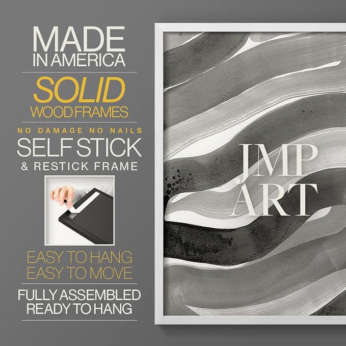 Renditions Gallery Set of 2 Peel & Stick Framed Prints, Watercolor Abstract Wall Art, Black and White Bold Brushstrokes Wall Decor, Re-Stickable - Ready to Hang - 22"x28" - White Frame LT588