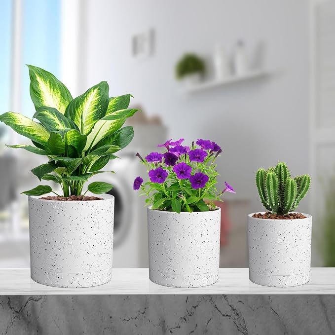 Meowell 7/6.5/6/5/4 inch Plant Pots, 5 Pack Cylinder Flower Pots for Small Indoor Outdoor Plants, Plastic Planters with Drainage Holes and Saucers for Garden Succulent House Plants, Speckled White