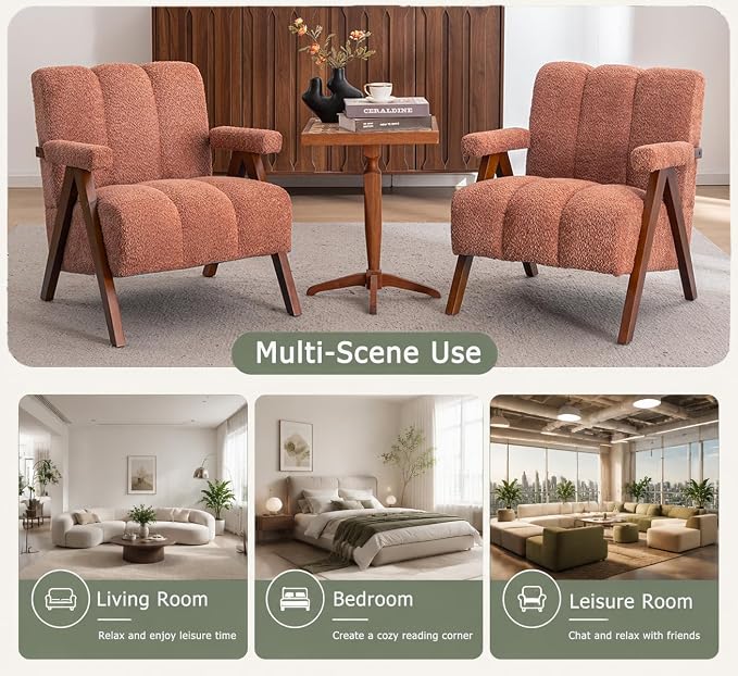 Mid Century Modern Accent Chair with Solid Oak Wood Frame, Upholstered Chenille Lounge Chair with Ergonomic Backrest and Thick Cushion for Living Room Bedroom Balcony, Set of 2, Rust Red