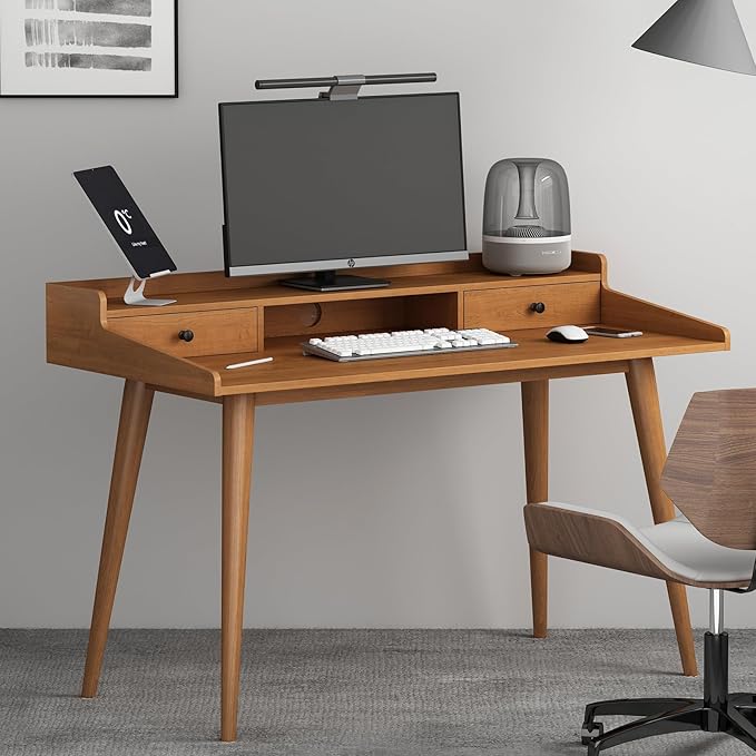 Mid Century Modern Desk, 51" Wood Home Office Writing Computer or Laptop Desk with Monitor Stand Riser and Open Storage Cubby, Vanity Desk with 2 Drawers (51.2"×25.6")