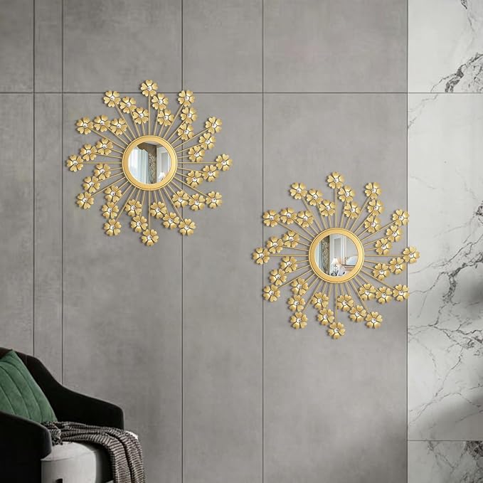 2 Pack Metal Mirrors for Wall Boho Sunburst Wall Mirror Home Decor Modern Decorative Wall Art for Bedroom Living Room Entryway