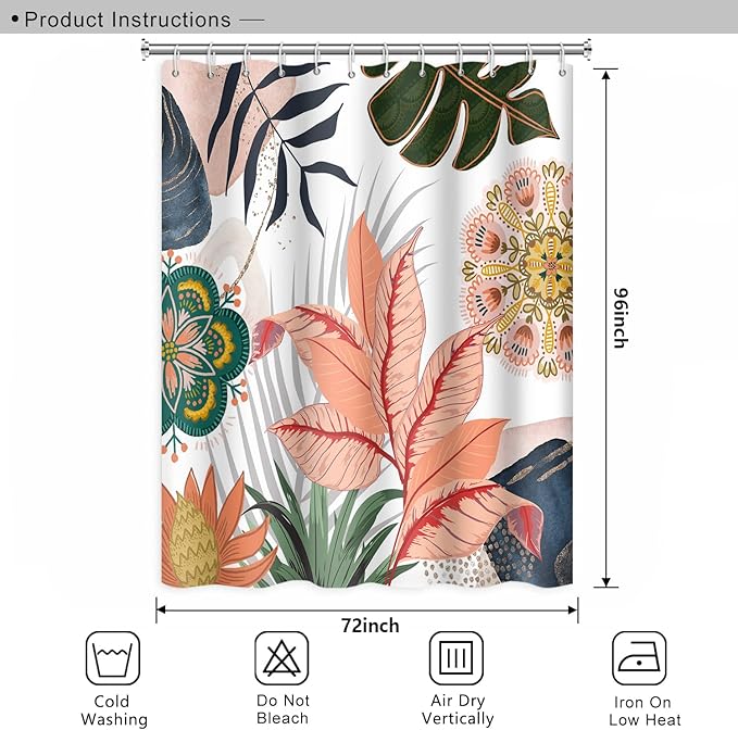 Abstract Mid Century Bathroom Shower Curtain - Colorful Boho Tropical Leaves With Hooks, Polyester Waterproof Fabric for Home Bathtub Decor, 72x96 Inch