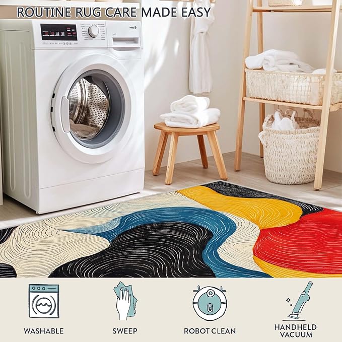 6x9 Colorful Area Rug Modern Abstract Black White Blue Beige Red Yellow Bedroom Rug Soft Low Pile Thin Large Carpet Living Room Non Slip Dining Room Stain Resistant Office Washable Machine