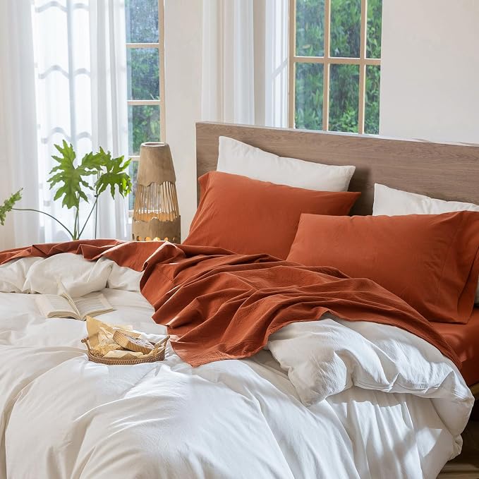 MooMee Bedding Sheet Set 100% Washed Cotton Linen Like Textured Breathable Durable Soft Comfy (Solid Rust Brown, Twin XL)