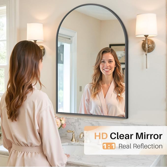 Bathroom Mirror for Wall, 36x24 Inch Arched Mirror, Matte Black Metal Framed Bathroom Vanity Mirrors for Restroom Farmhouse, Anti-Rust, Tempered Glass, Hanging or Leaning