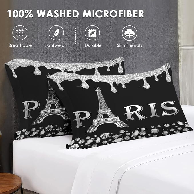WeCozy King Size Comforter Set with 2 Pillowcases, Silver Paris Eiffel Tower 3 Pcs Bedding for Kids and Adults, Black France French City Soft Comforter Set for Bedroom Bed Decor