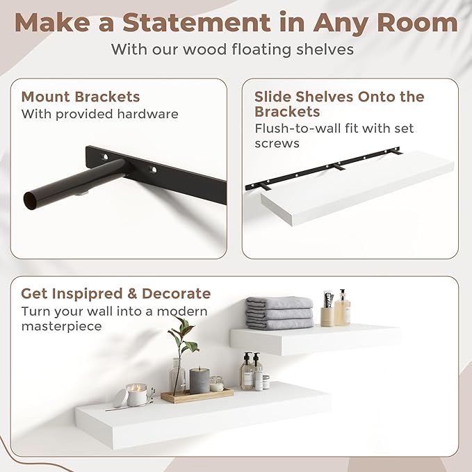 Marsmiles 12" Deep Floating Shelves for Wall with Invisible Brackets, Wall Mounted Engineered Wood Shelves with Wood Grain for Living Room, Bedroom, Kitchen Decor and Storage, 72" L Set of 1, White