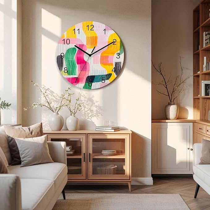 Impressionist Style Wall Clock Battery Operated Non-Ticking 10" Round Wood Clocks, Abstract Colorful Line Color Block Kitchen Wall Clock for School Bathroom Living Room Home Office Wall Decor