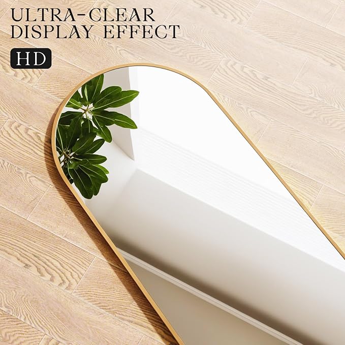 MISSDAY 64"x21" Arched Full Length Mirror, Full Body Mirror with Stand, Floor Mirror Long Free Standing, Leaning or Hanging, Aluminum Thin Frame Wall-Mounted Mirrors Wall Mirrors for Bedroom, Gold