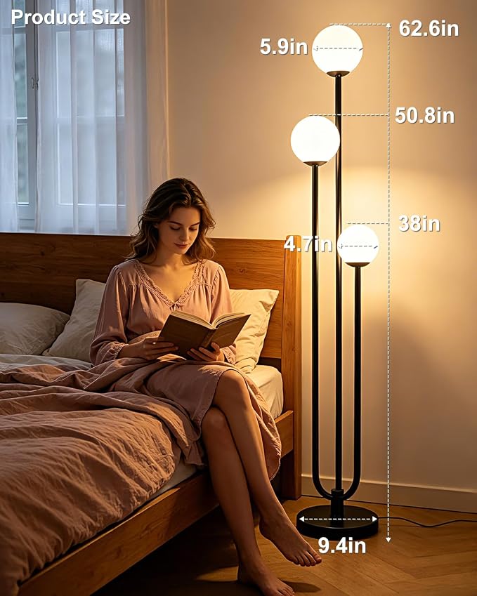 Lightdot 63IN Black Floor Lamp Dimmable with Mid Century Standing Lamps, 3000K Warm White Bulbs Included, Modern Globe Floor Lamp with 5Lbs Heavy Base for Living Room/Bedroom/Sofa Beside/Corner Decor