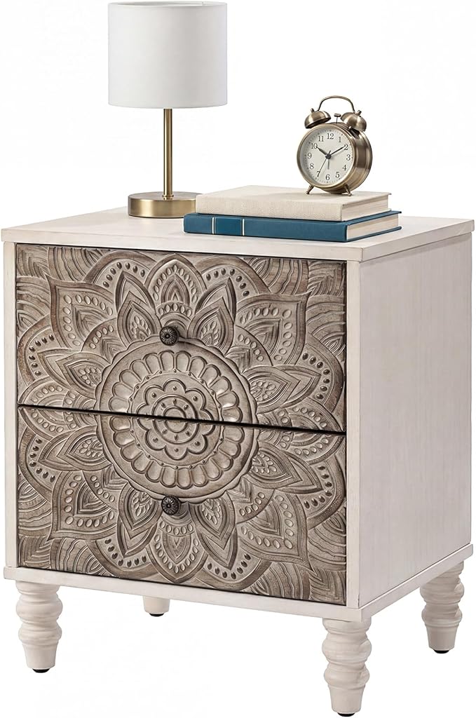 HOMPUS White Nightstand with 2 Drawers, Lotus Flower Carved Wood Bedside Table, Small Nightstand Side Table, Easy Assembly End Table with Storage for Bedroom, Apartment, Farmhouse & Boho, White