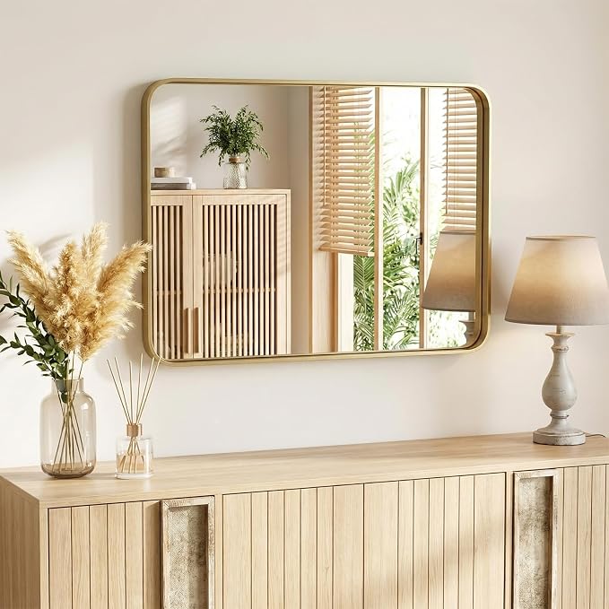 NEWBULIG 32X40 Inch Bathroom Mirror for Over Sink, Wall Vanity Mirrors Tempered Glass, Anti-Rust Metal Framed Rounded Rectangle, Hangs Horizontally or Vertically, Farmhouse Home Decor, Gold