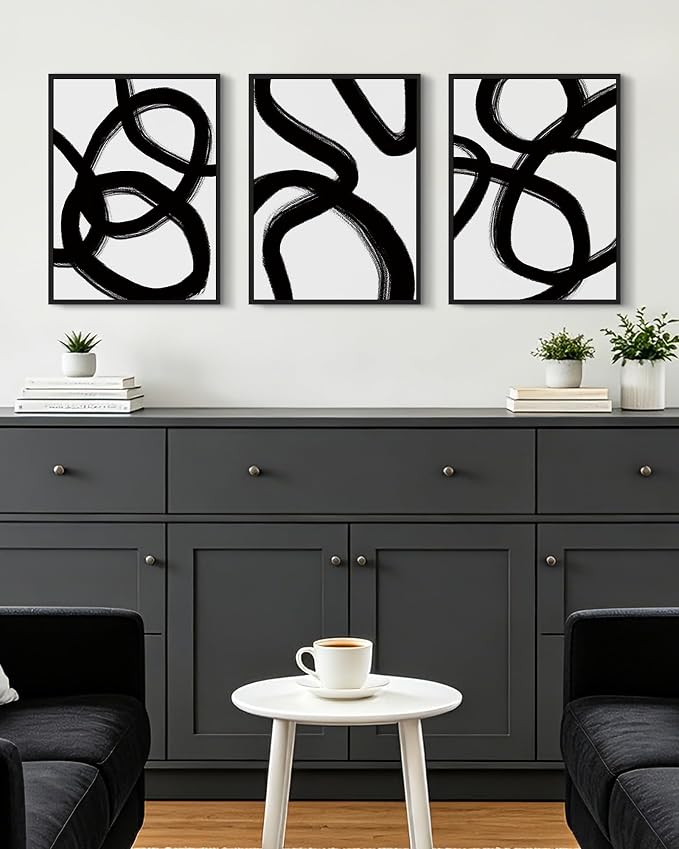 KUVIOKE Black and Grey Abstract Framed Wall Art Ink Wash Minimalist Lines Painting Artwork for Bedroom Hallway 12x16in (Black Framed)