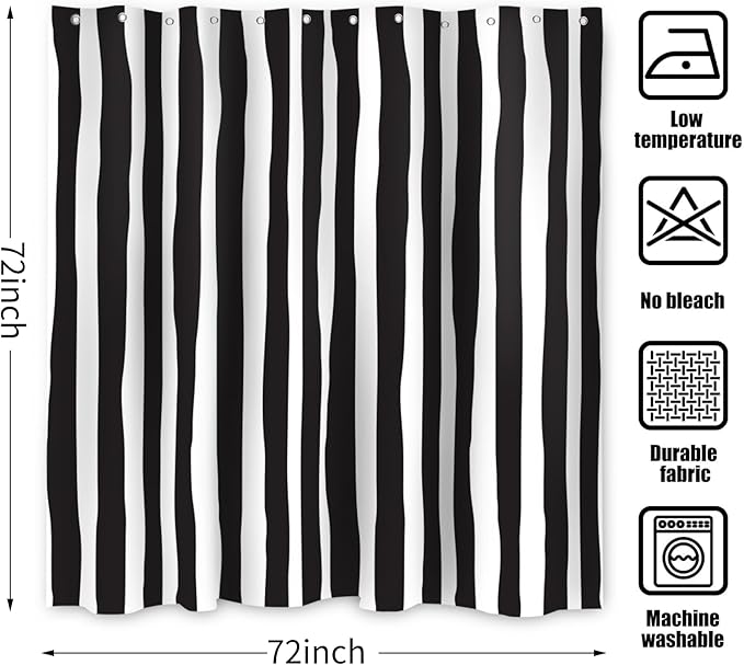 Black and White Shower Curtain, Striped Boho Minimalist Modern Waterproof Fabric Machine Washable for Bathroom Decor Bathtub with Hooks 72x72