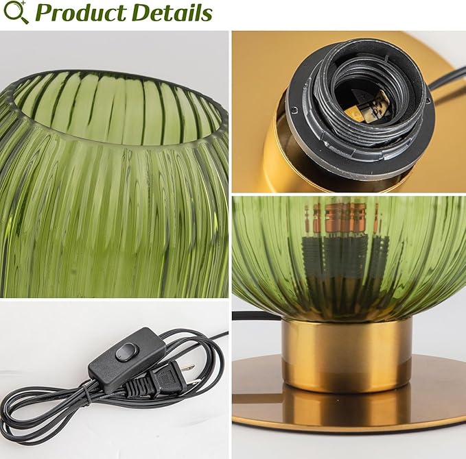 Bedside Table Lamps Set of 2, Small Glass Table Lamp Green Bedside Lamp with Brass Metal Base, Mid Century Table Lamp Gold Nightstand Lamp End Table Lamps for Bedroom Living Room Office