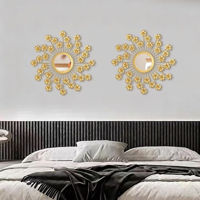 2 Pack Metal Mirrors for Wall Boho Sunburst Wall Mirror Home Decor Modern Decorative Wall Art for Bedroom Living Room Entryway