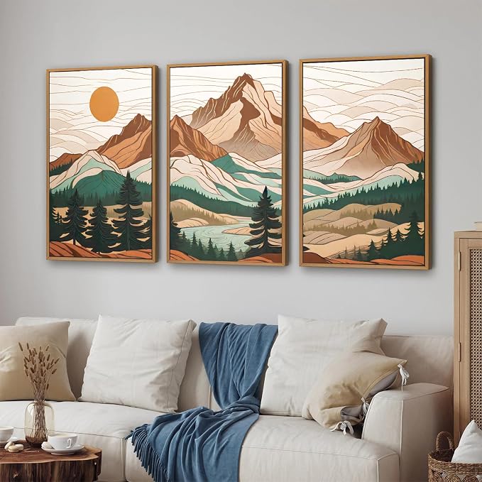 Tinonedraw Large Mountain Framed Canvas Wall Art Set of 3, Boho Nature Forest Wall Decor, Neutral Wooden Pine Trees Artwork, Sunrise Ridge Landscape Art Printing for Living Room Bedroom Office 24"x36"